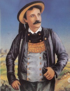 Botrel, revêtu du bargou-braz, apparaissant sur le livret du cd (# 392) Théodore Botrel chanté par René Jacq, étiquette Arfolk, Distribution Breizh.